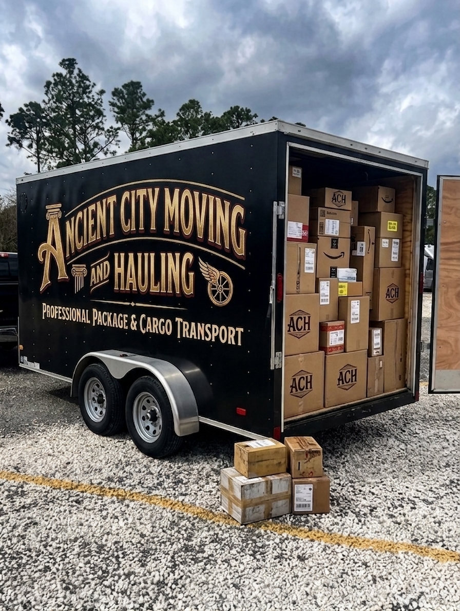 Ancient City Moving and Hauling trailer loaded with crates